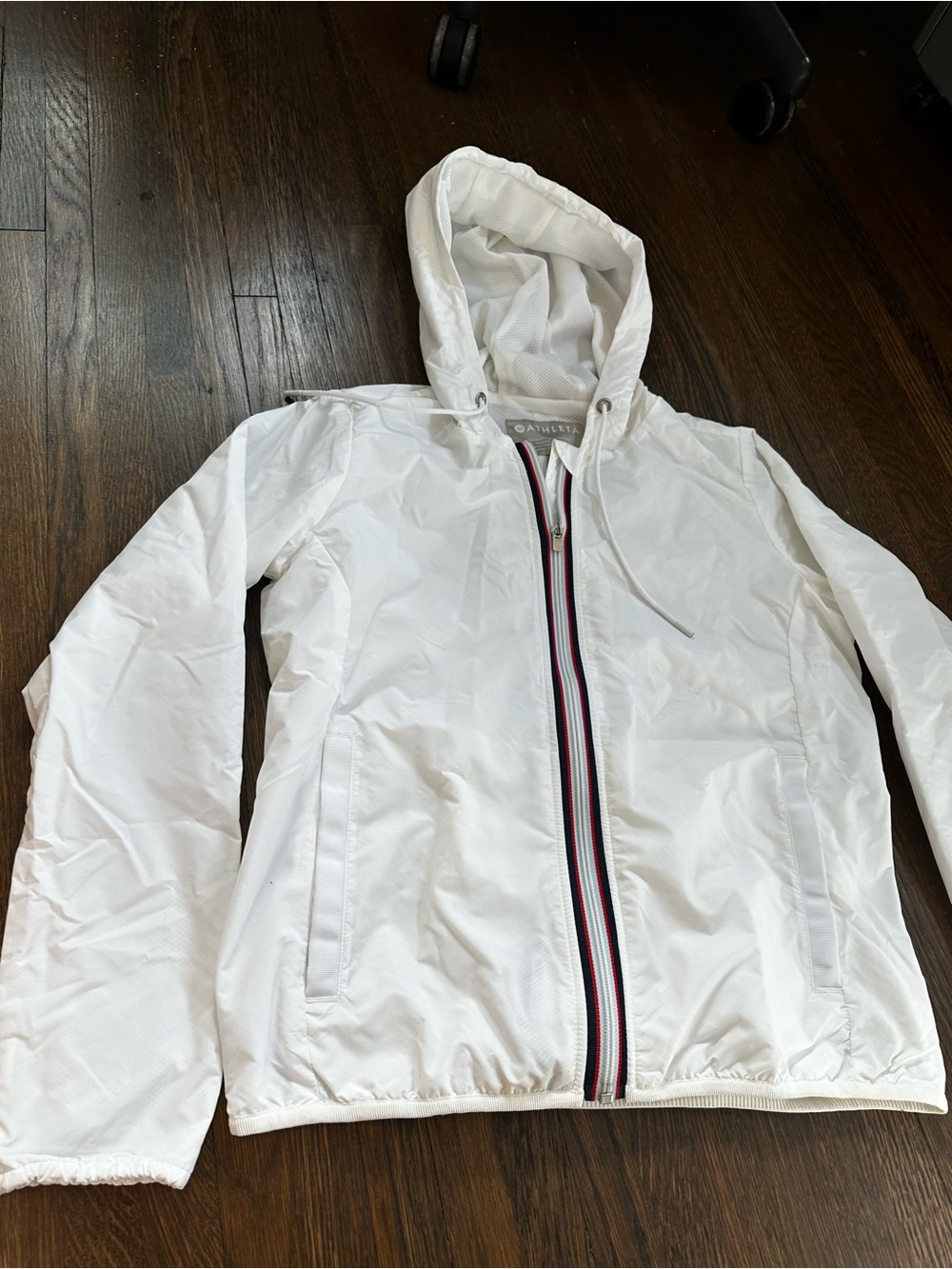 Athleta White Hooded Zip Jacket with Red & Navy Stripe Trim wind resistant